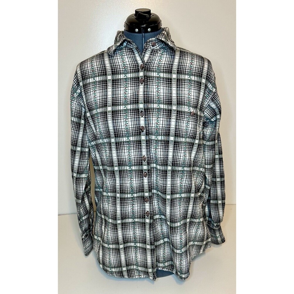 Vintage Cascade Blues Women’s Long Sleeve Button Up Shirt Black White Plaid Ivy